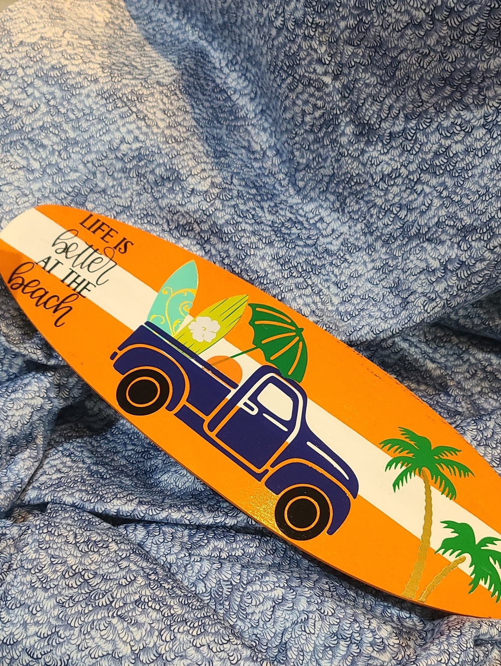 Surfboard Wall Sign w Blue Truck Palm Tree Design - Life is better at the beach